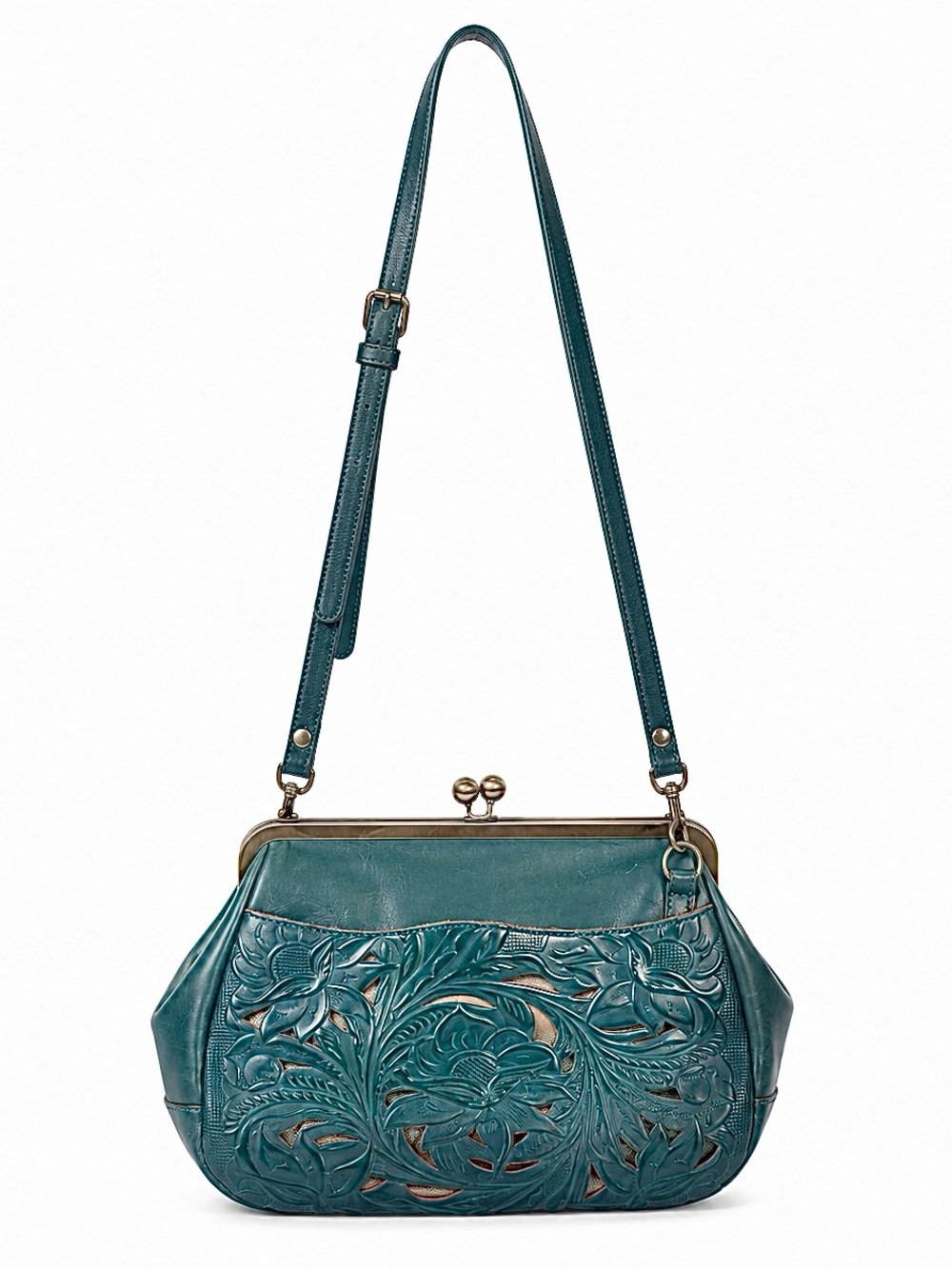 Patricia Nash Teal Floral Tooled Embossed Leather Crossbody Bag